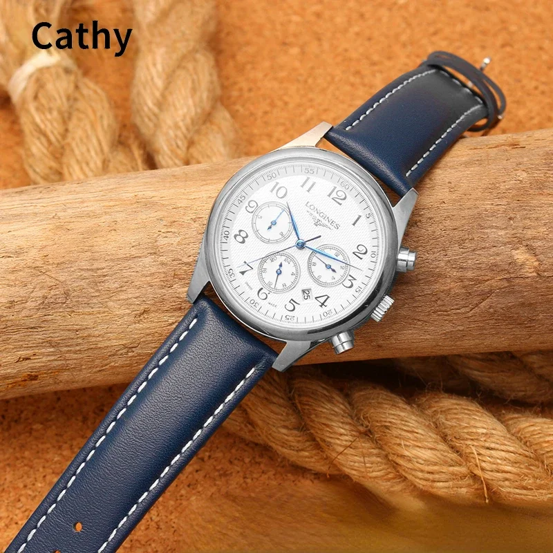 Genuine Leather Watch Strap for Longines Pioneer Series L3.810 L3.820 Plain Sweat-Proof Soft Comfortable Men's Watchband 20 22mm