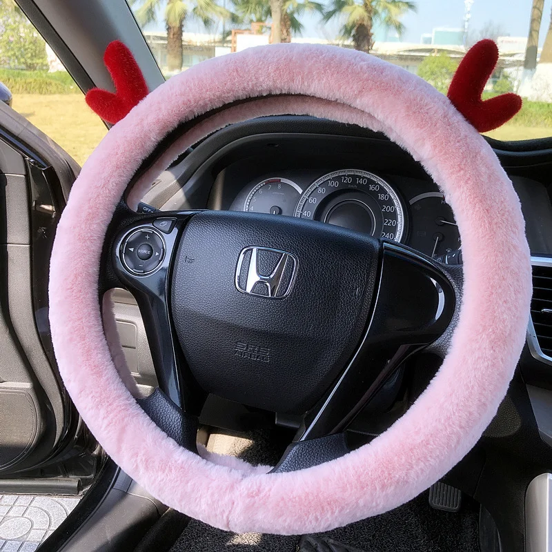 Krótki pluszowy pokrowiec na kierownicę Kawaii Winter Warm uchwyt samochodowy pokrowiec antypoślizgowy Cartoon urocze kocie uszy pokrowiec na kierownicę różowy prezent — zdjęcie 4