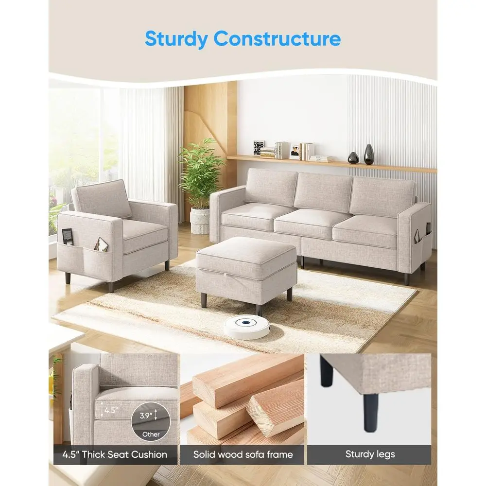 طقم أريكة غرفة المعيشة مكون من قطعتين، أريكة بثلاثة مقاعد مع مسند تخزين وكرسي بذراعين، أريكة مقطعية على شكل حرف L من قماش الكتان مع فردي