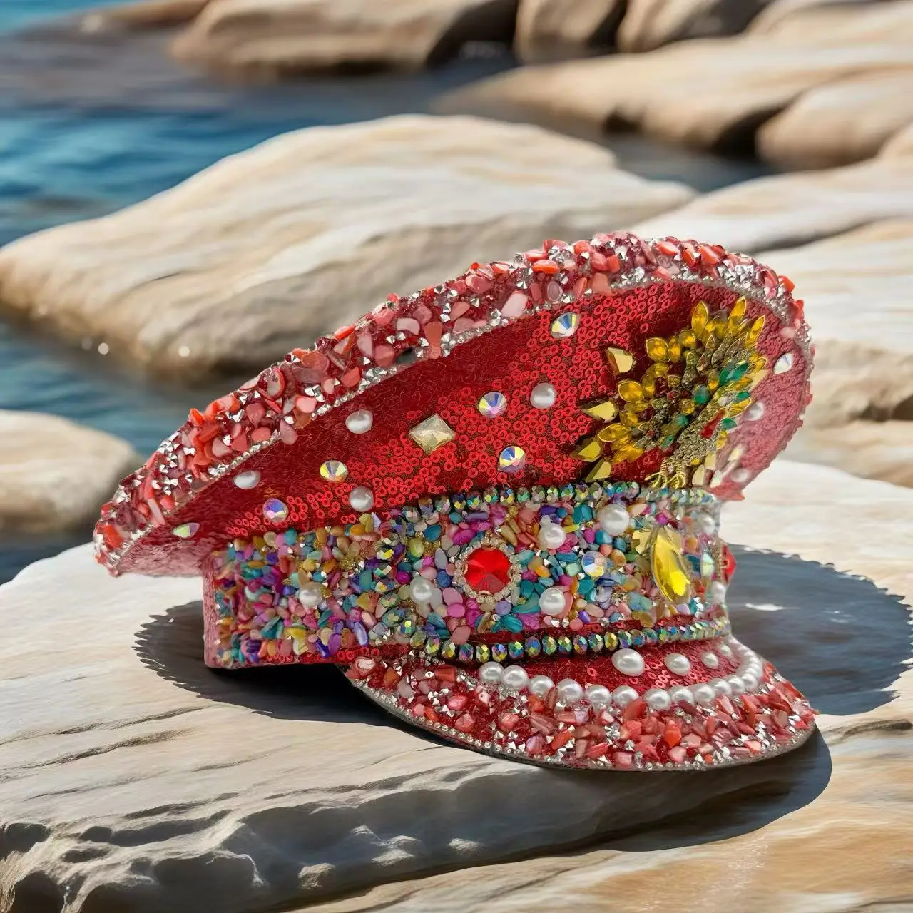 HongLuan – chapeau de capitaine à boucle en cuir jaune Laser, casquettes militaires et strass pour femmes, accessoires de Festivals Rave et casquette de fête pour hommes