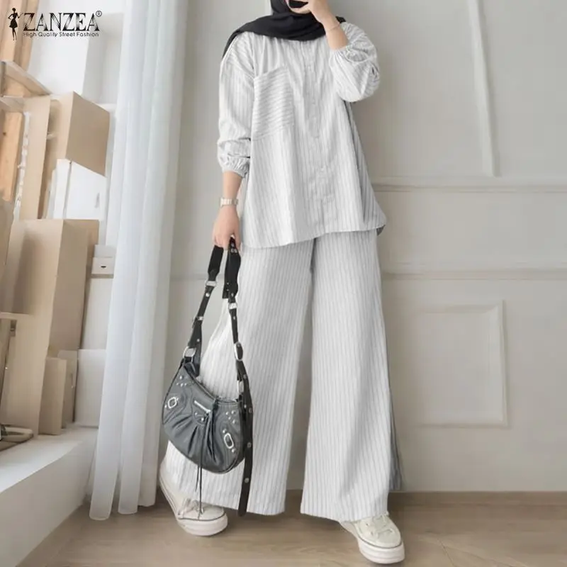 Muslimische Ramadan-Outfits 2026 ZANZEA Frühling Gestreifter Trainingsanzug Mode Reverskragen Langarm-Hemd Hosen-Sets Damen Passende Sets