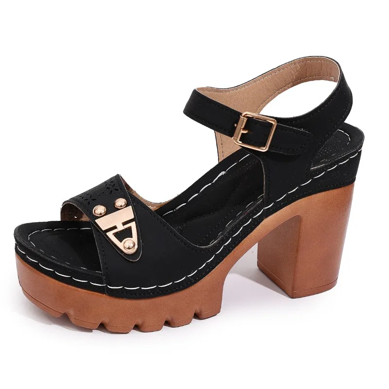 

Female Solid Color Round Head Fashion Flats Footwear Women'S Thick Medium Heel Adjustable Strap Sandals for Women
