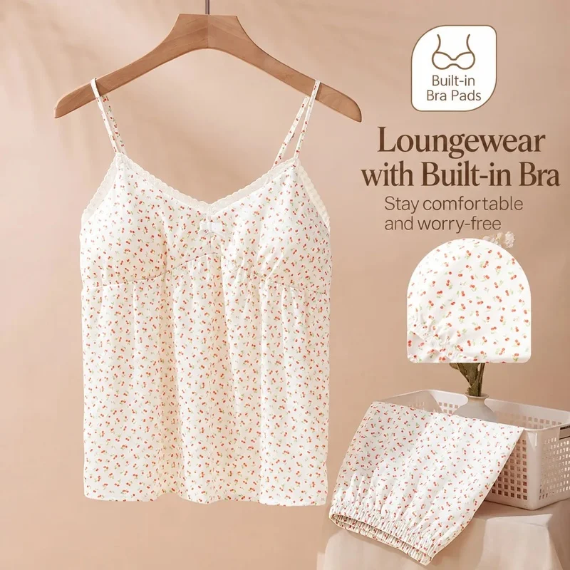 Women's Light Apricot Printed Camisole and Shorts Pajama Set with Built-In Pads