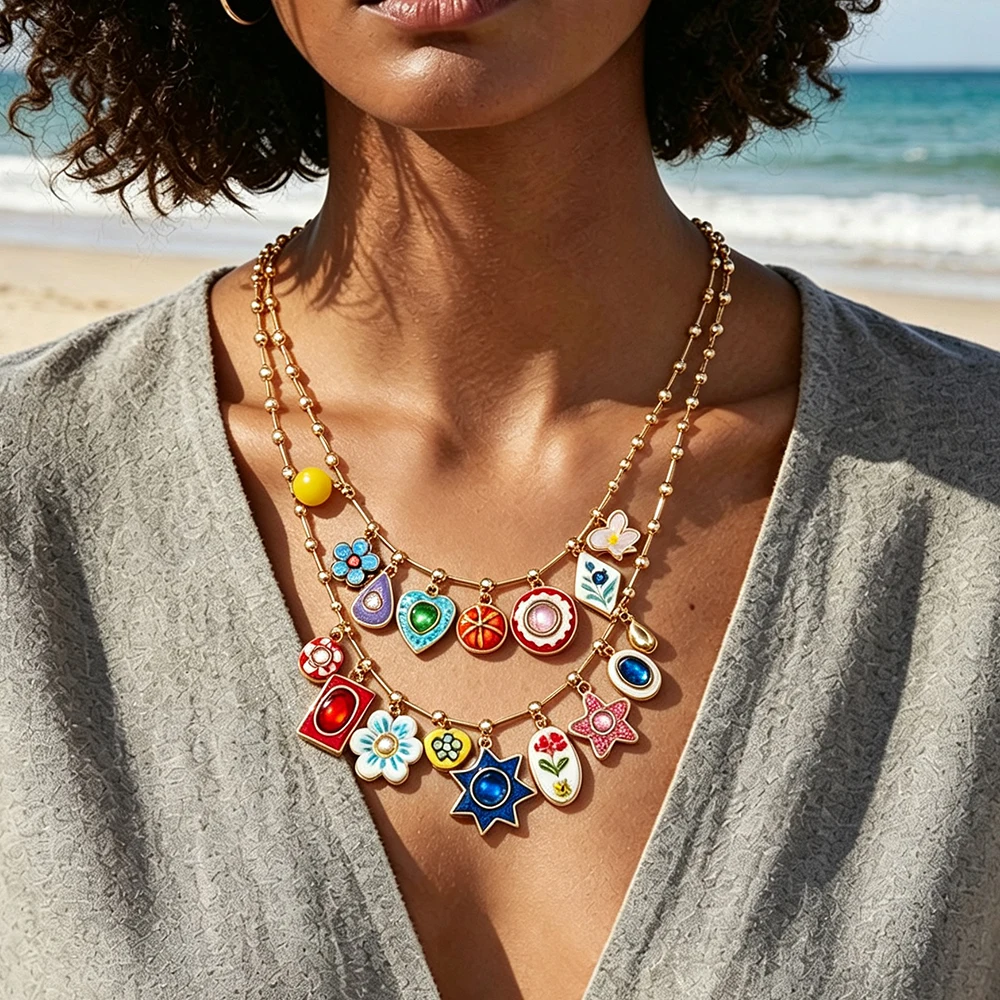 Böhmische Mehrschichtige Bunte Emaille-Blumen-Herz-Stern-Anhänger Halsketten für Frauen 2026 Trend Schmuck Geschenke – Detail 2