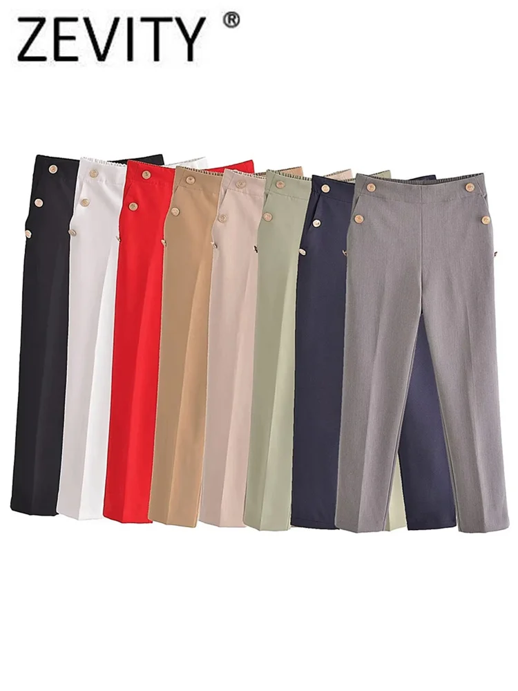 Zevity Women Fashion Solid Color Golden Buttons Casual Pencil Pants Female Chic Ankle Length Trousers Pantalones Mujer P2052