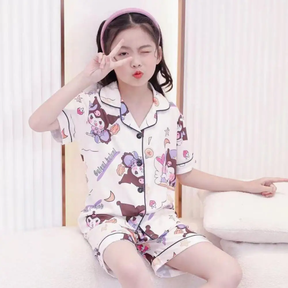 Kuromi Children's Summer Nightwear Sanrios Cinnamoroll Lapel Cardigan Short Sleeve Home Clothing Anime Girls Thin Style Pajamas