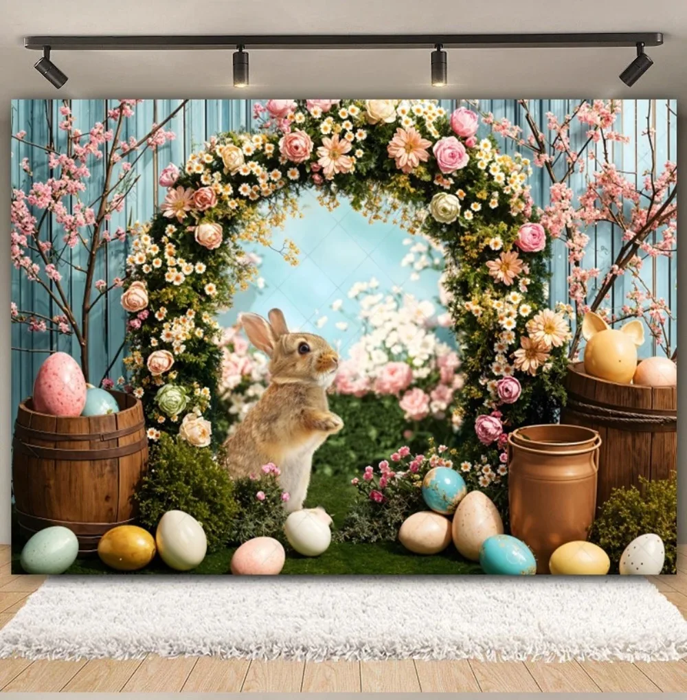 

Spring Easter bunny colored egg photography background, arched garden children birthday party decoration background photography
