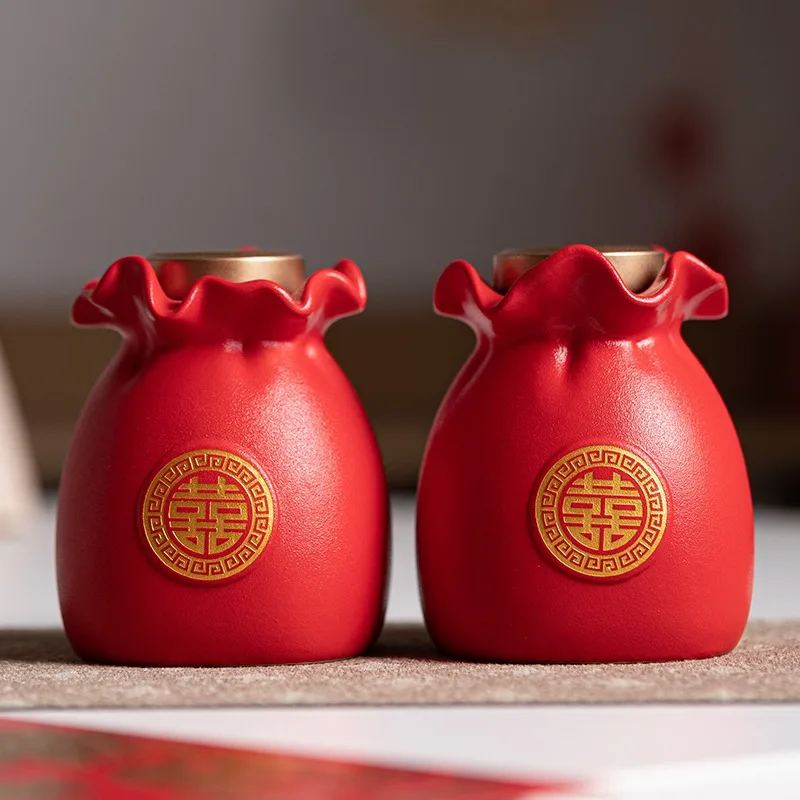 Happy Chinese Ceramic Xizi Tea Jar Sealed Jar Ins Household Storage Jar Moisture-proof Sun Proof Storage Jar Red Wedding Gift