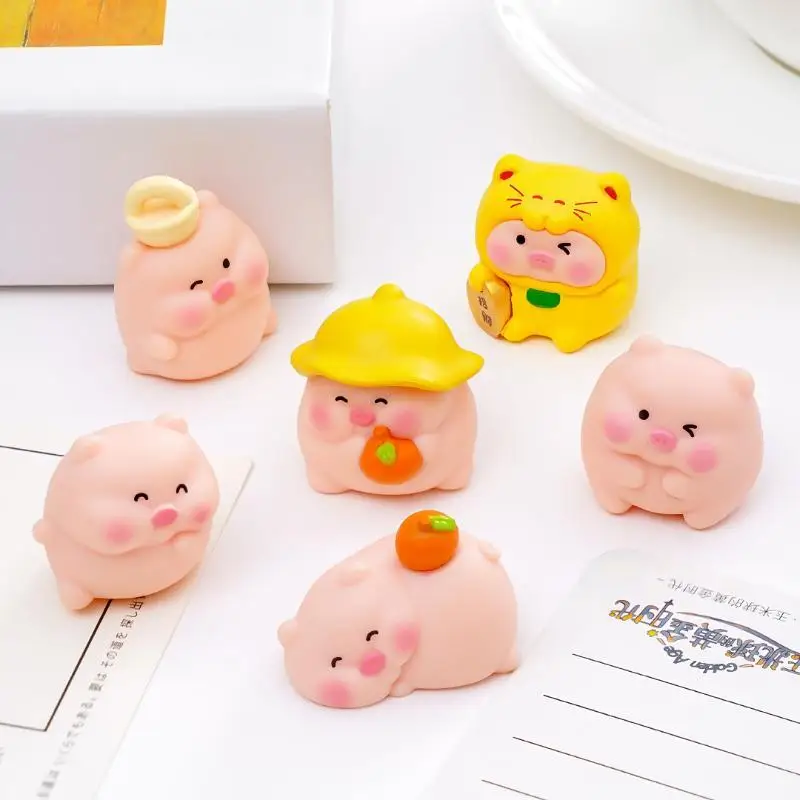 Mini Pig Resin Figurines 6 Pcs Tiny Adorable Cartoon Animal Ornaments for Desk Home Office Shelf Kids Gift Decor