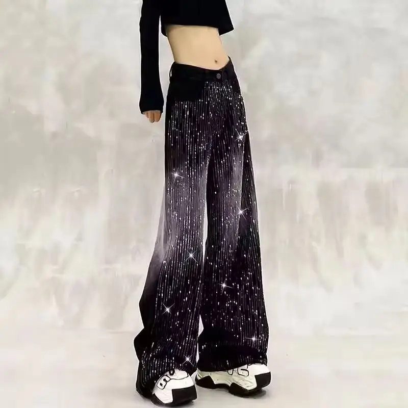 

New Autumn Korean Hot Drilling Stitching Jeans Women's Loose High-waisted Wide-leg Pants Denim Pants Female Casual Wild Jeans