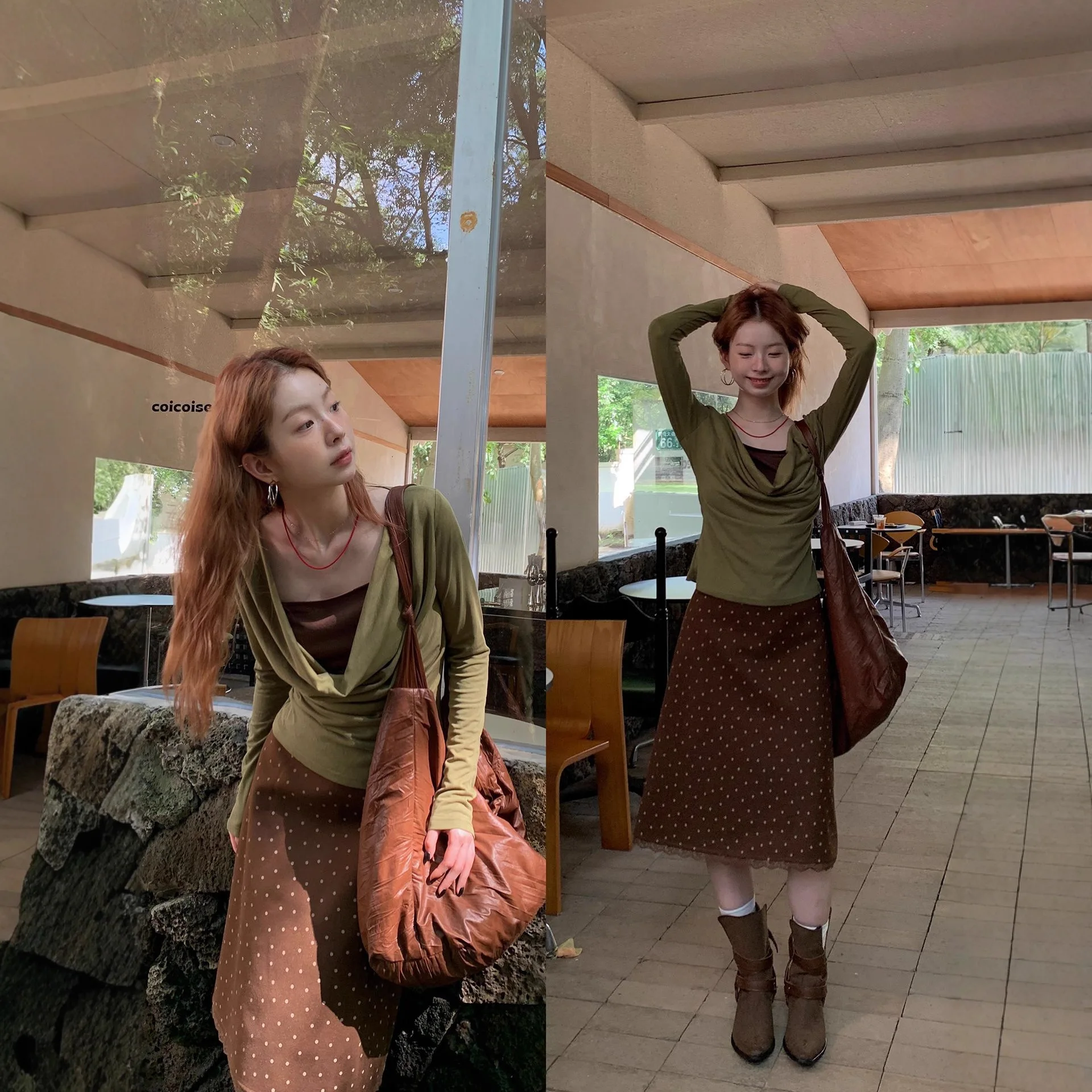 2025 الأخضر وهمية الرقبة وهمية قطعتين طويلة الأكمام تي شيرت للنساء ، جديد الخريف تصميم تحسس قاعدة قميص أعلى