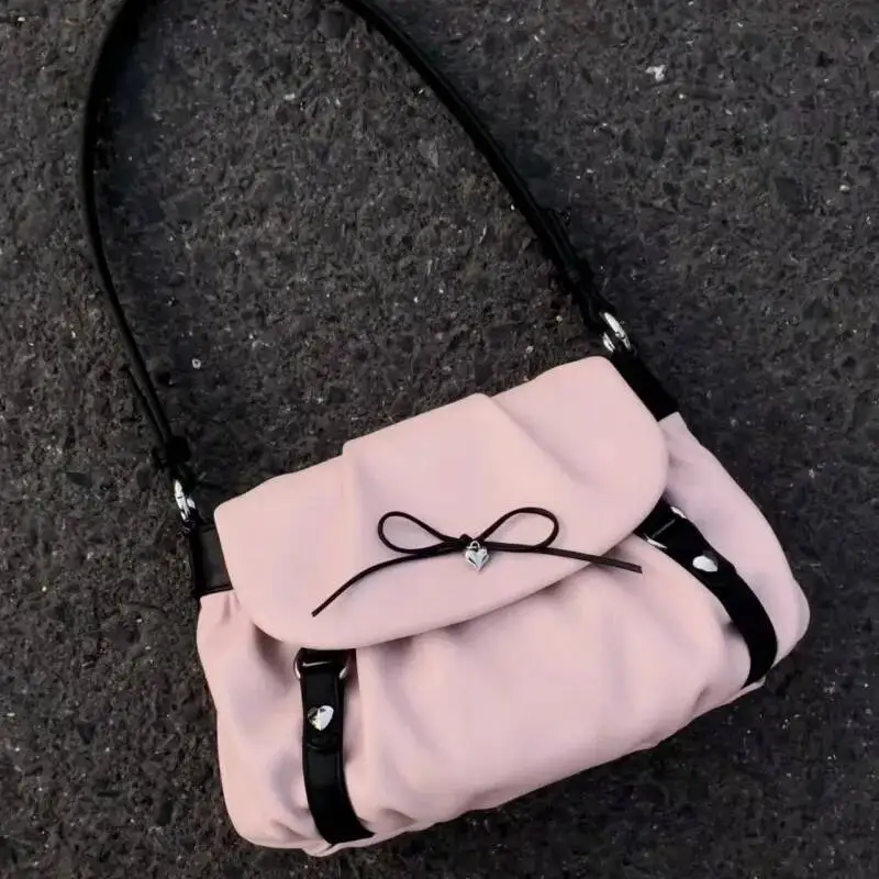 Korean Chic Fashion Fairy Bow Women Handbags Sweet Kawaii All Match Shoulder Bags Casual Office Lady Y2k Aesthetic Underarm Bag