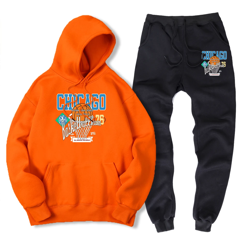 Chicago Basketball Team Fashion Print 2 Piece Sets Men Loose Casual Fashion Hoody + Pants Winter Fleece Sweatshirt + Sweatpant