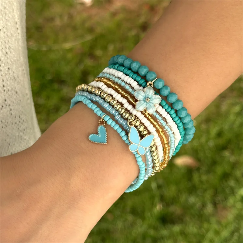 9 teile/satz Böhmischen Schmetterling Blume Anhänger Armband für Frauen Handgemachte Reis Perlen Gestapelt Armband Sommer Strand Party Schmuck