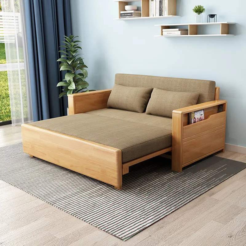 

Nordic solid wood sofa bed, living room, multifunctional and dual-use telescopic sofa, small