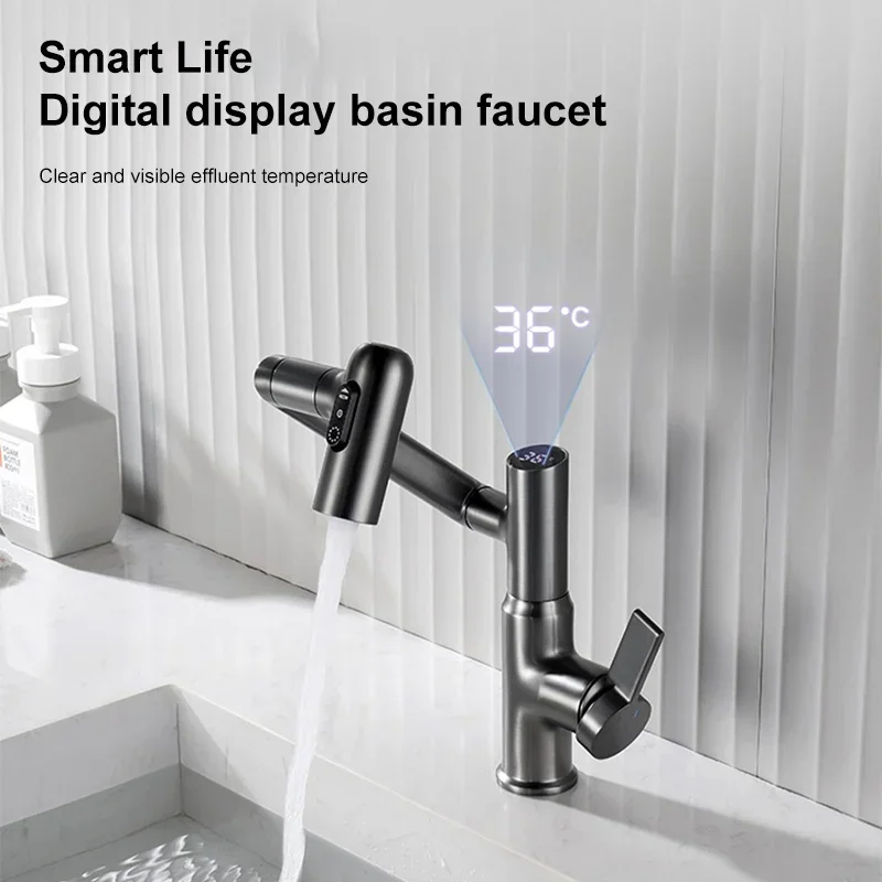 Kitchen Faucet Smart Digital Display 360° Rotation Multi-Function Stream Sprayer Cold and Hot Water Sink Mixer Rocker Wash Tap