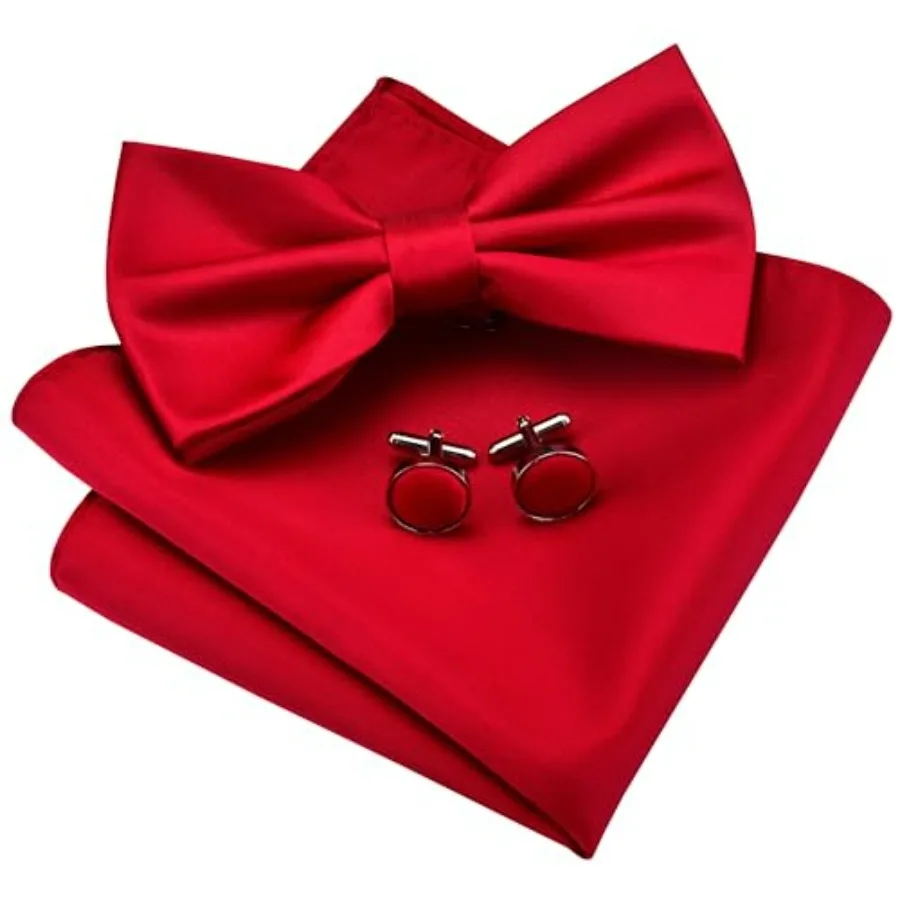 

GUSLESON Mens Solid Color Double Fold Pre-tied Bow Tie and Pocket Square Cufflink Set with Gift Box