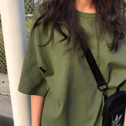 2024 Summer Korean Short sleeved T-shirt New Military Green Card Its Letter Student Women's Fashion Slim Fit Loose Clothes