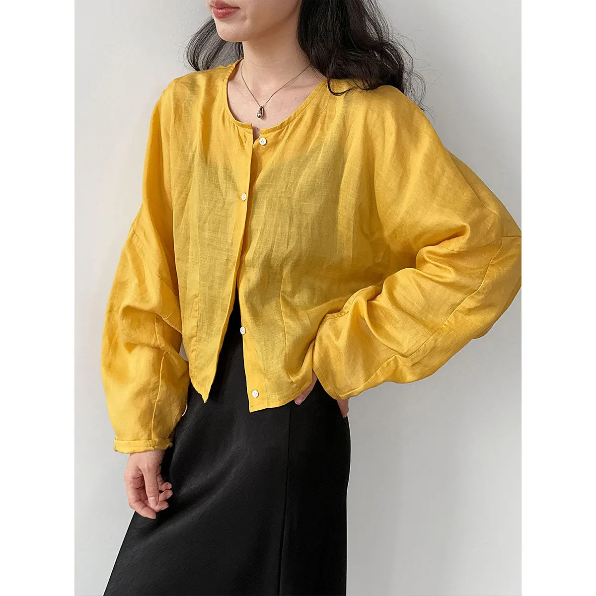 

Женская рубашка Tencel Ramie, простая женская рубашка с круглым вырезом и длинными рукавами в корейском стиле, летний короткий топ, тонкое пальто