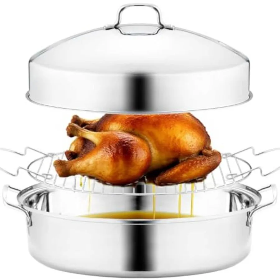 

22" Lar Roasting Pan wit Rack and Lid Stainl Steel Oval Roaster Pan Nonstick Roasting Pan for Oven Multi-U Cookware for Turkey