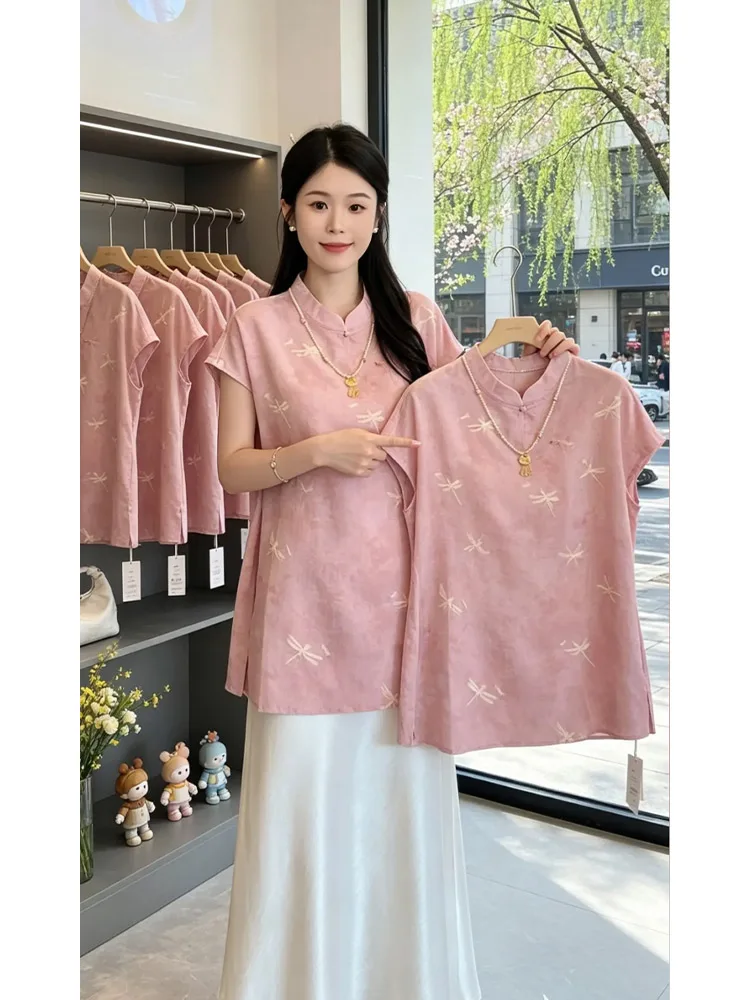 

New Chinese Style Button up Top Summer Versatile Dragonfly Print Stand Collar Sleeveless Improved Style Small Shirt