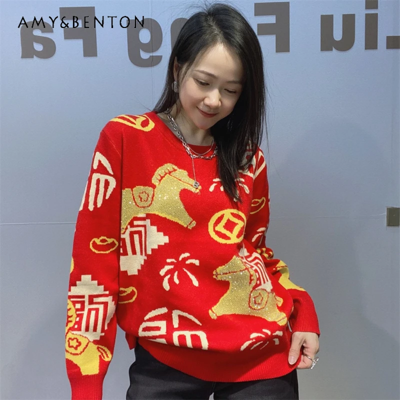 

New Year Red Round Neck Pullover Coat For Women's Winter Loose Design Rhinestone Knitted Sweater Couple Matching Top Knitwear