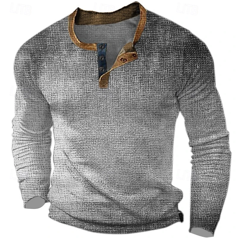 Men's Graphic Gradient Waffle Henley Shirt Casual Classic Long Sleeve 3D Print Fashion Basic Daily Outdoor Spring & Fall Henley