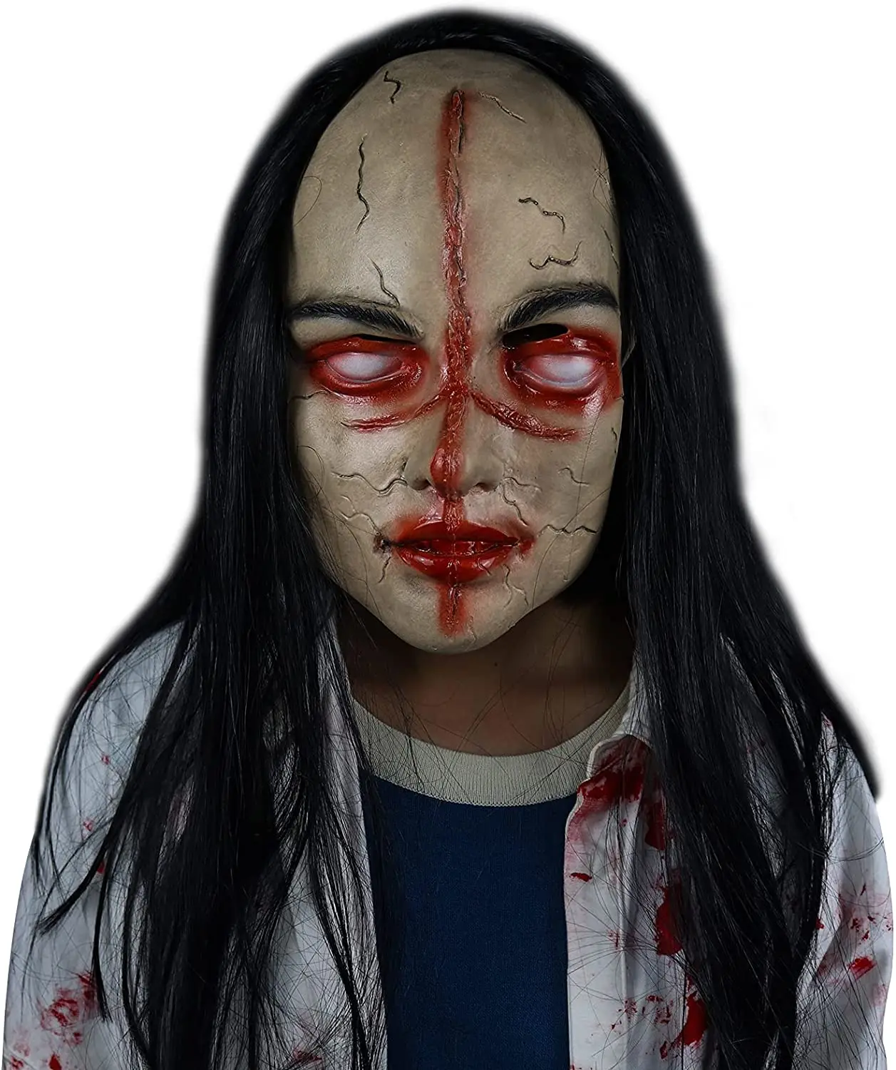 Grimace Ghost Mask Scary Zombie Latex Skin with Long Hair Realistic Halloween Props