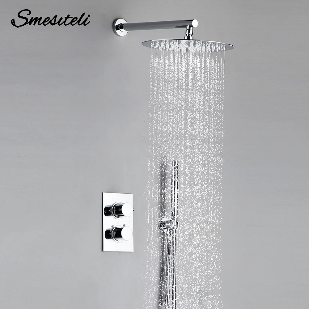 Smesiteli Bathroom Shower Set Chrome Rain Shower Faucet Wall  Mounted Thermostatic Valve System 8-12