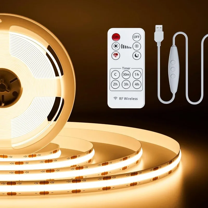

PAUTIX 5V USB COB LED Strip Light 6.56ft/2m 1200lm, 640LEDs Dimmable 3000K Warm White CRI90+ with RF Remote TV Backlight,Flexibl