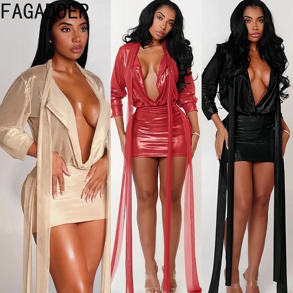 

FAGADOER Sexy Tassel Patchwork 2 Piece Sets Women Outfit See Through Long Sleeve Crop Top + Skirt Suits Female Streetwear New