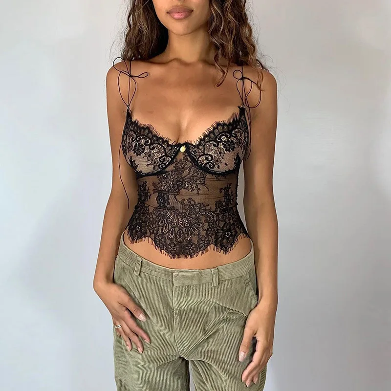 Lace Crop Top See Through Strapless Women\'s Top Black Summer Tops Fashion Basic Tops Vest Clothing Cropped Sexy Cami Top Female