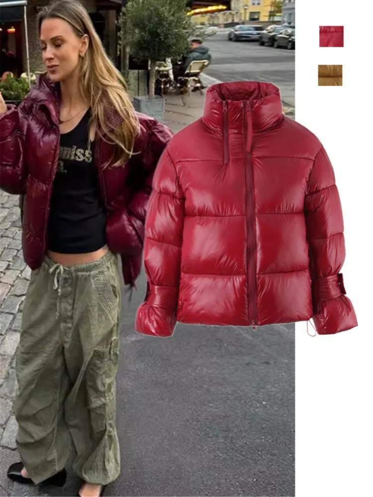 

Cool Retro Thiened Stand Collar Double Zipper Bright Surface Bread Coat Warm ort Dstring Vintage Cotton Jaet