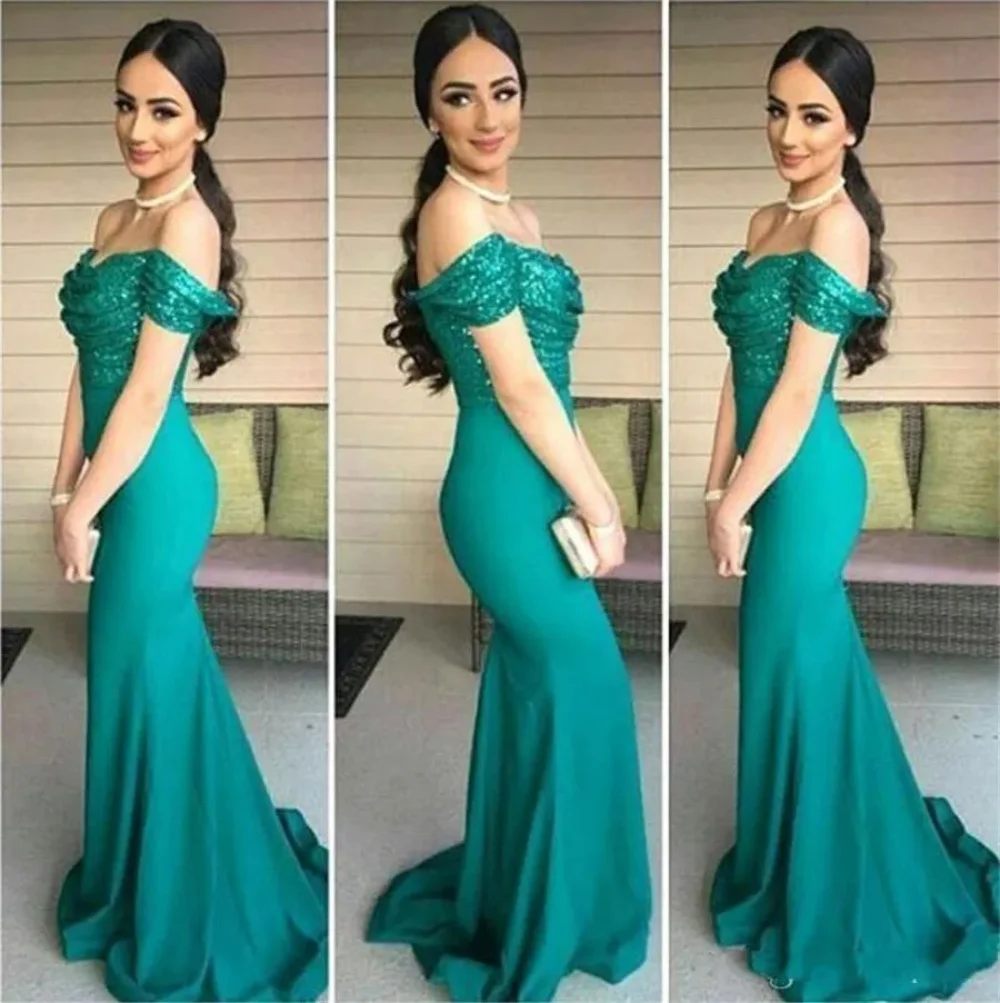 Vestido de sirena para dama de honor, traje verde de satén con lentejuelas brillantes, hombros descubiertos, largo hasta el suelo, ideal para fiesta de boda y graduación, 2024