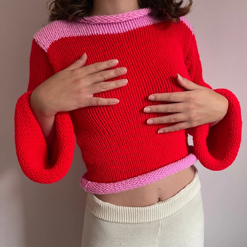 

Chic Women Knitted Crop Sweater Autumn Vintage Rolled Trim Contrast Color Long Sleeves Pullover Tops Y2K Retro Streetwear