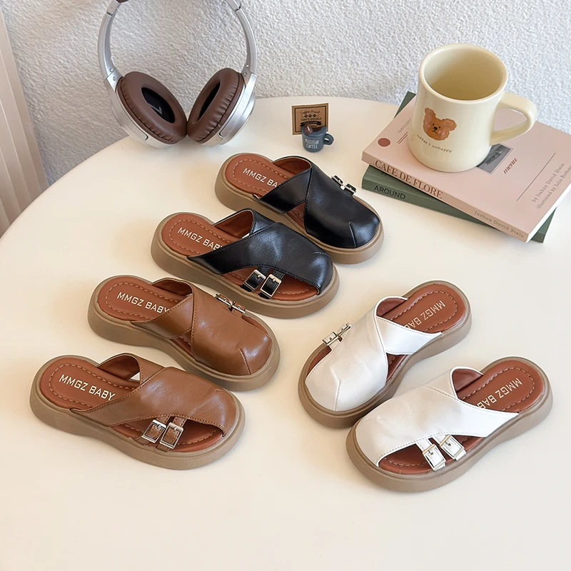 

Cross strap slippers for boys and girls, soft leather indoor/outdoor casual shoes, summer and spring comfortable shoes