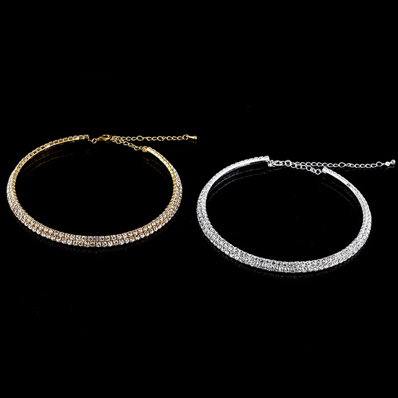 Crystal Rhinestone Choker Necklace Silver Plated and Gold Color Bridal Wedding Jewelry 1 2 3 4 5 Row Chokers Necklaces for Women