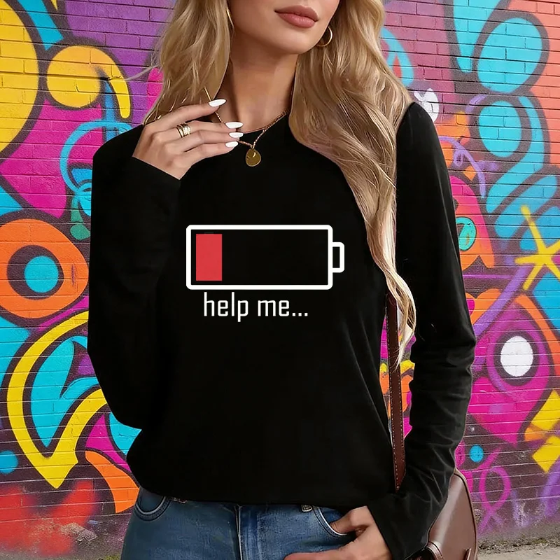 Crew Neck Long Sleeve T Shirt 1% Battery and Letter Print Graphic Casual T-Shirt Women's T-Shirt Clothing Top Tee Girls
