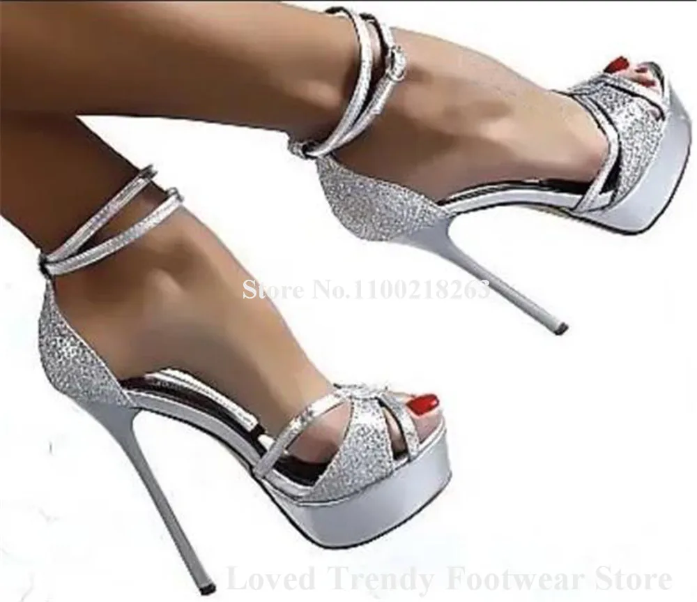 Sexy Snakeskin Leather Stiletto Heel High Platform Sandals Peep Toe Cut-out Ankle Straps Silver Black Thin Heel Party Pumps