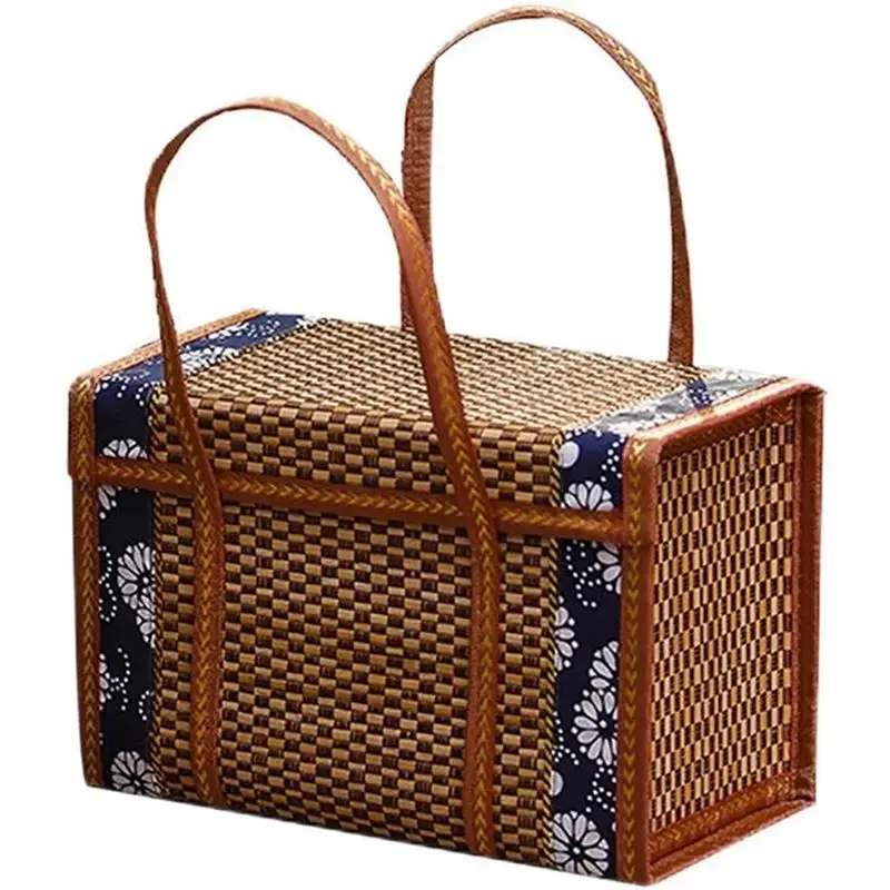 ●Picnic Woven Basket Wicker Storage Bag Handle Folded Fruit Shopping Food Handle Rattan Grass Foldable Bamboo Basket