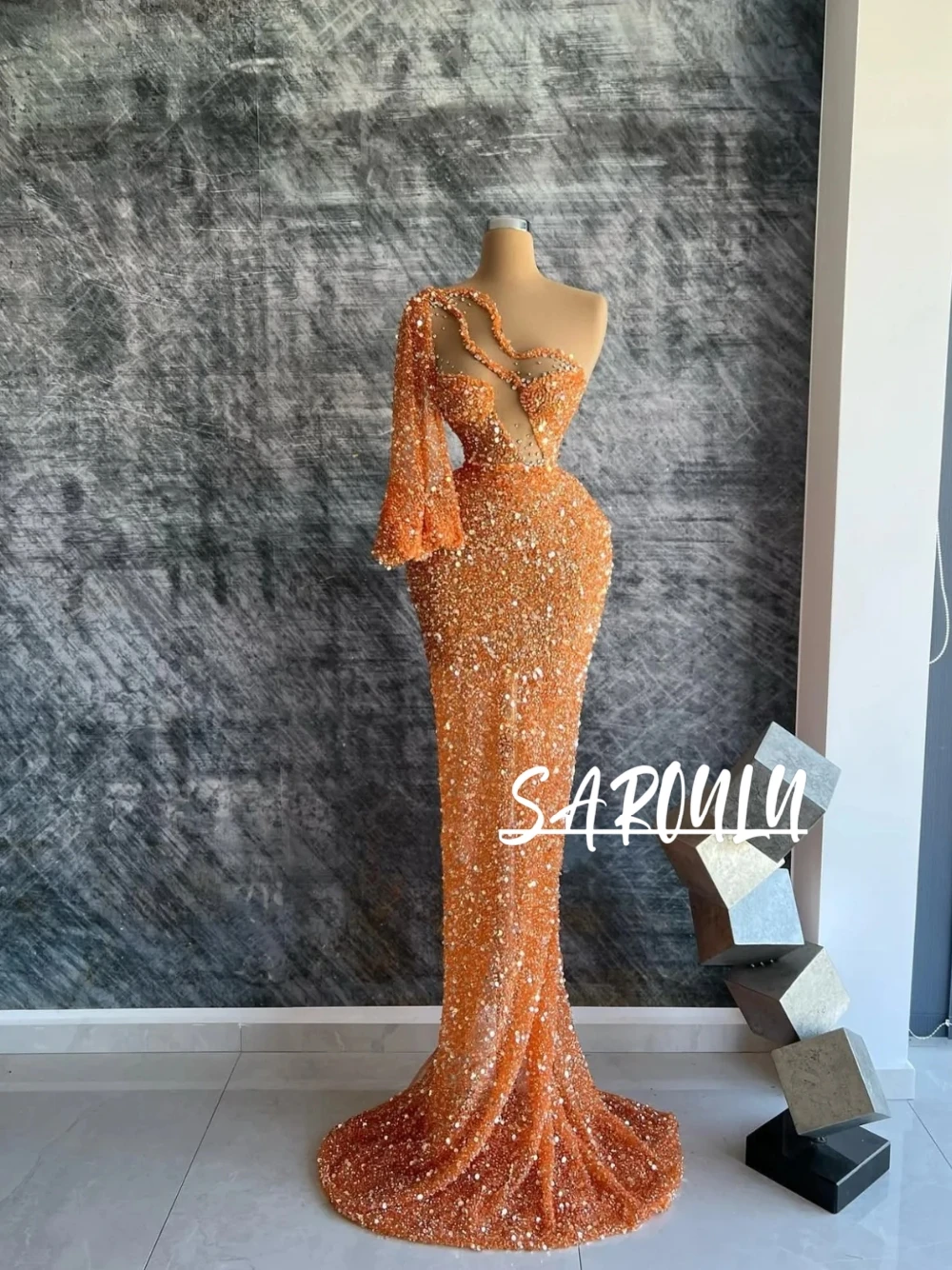 

Asymmetrical Sleeve Sparkly Orange Evening Gown Chic Heart Cut Out Mermaid Sequined Formal Event Modern Prom Dress Customized