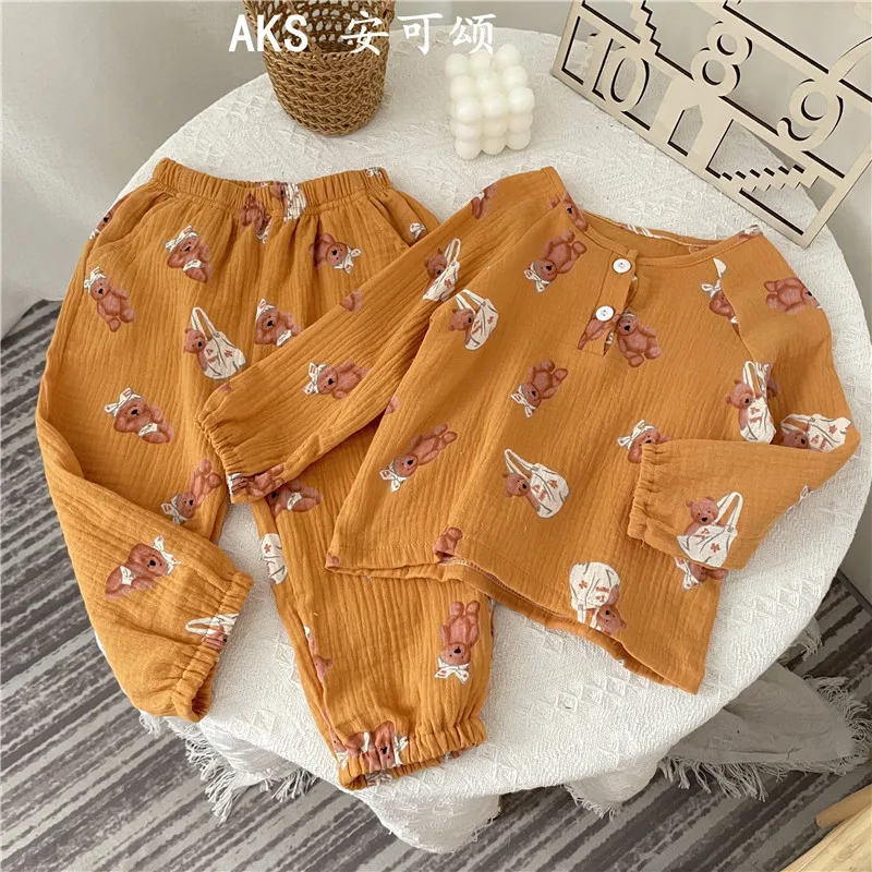 Autumn Kids Pajamas Set 2 PCS Long Sleeve Tops Cardigan Pants Korean Bear Cotton Muslin Boys Girls Nightgown Sleepwear