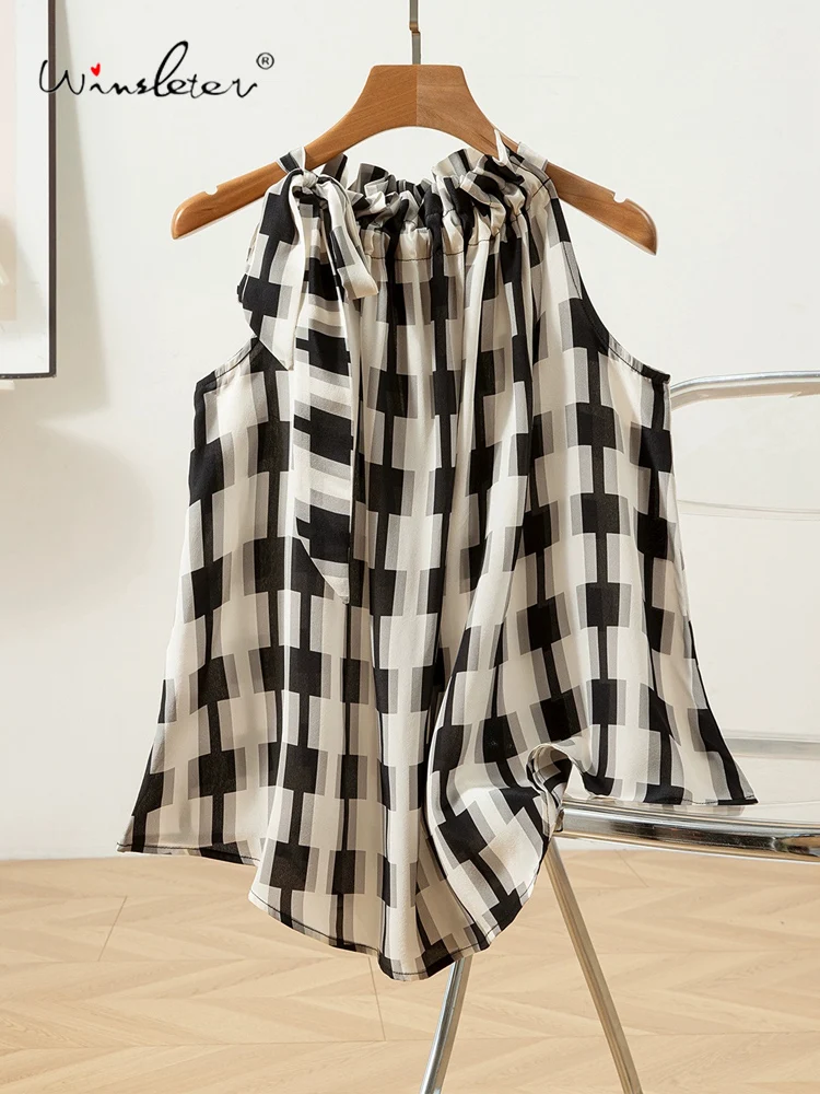 

Winsleter-100% Элегантный жилет из натурального шелка, женский клетчатый жилет без рукавов, свободная майка с открытыми плечами во французском стиле, лето 2021, T57461CC