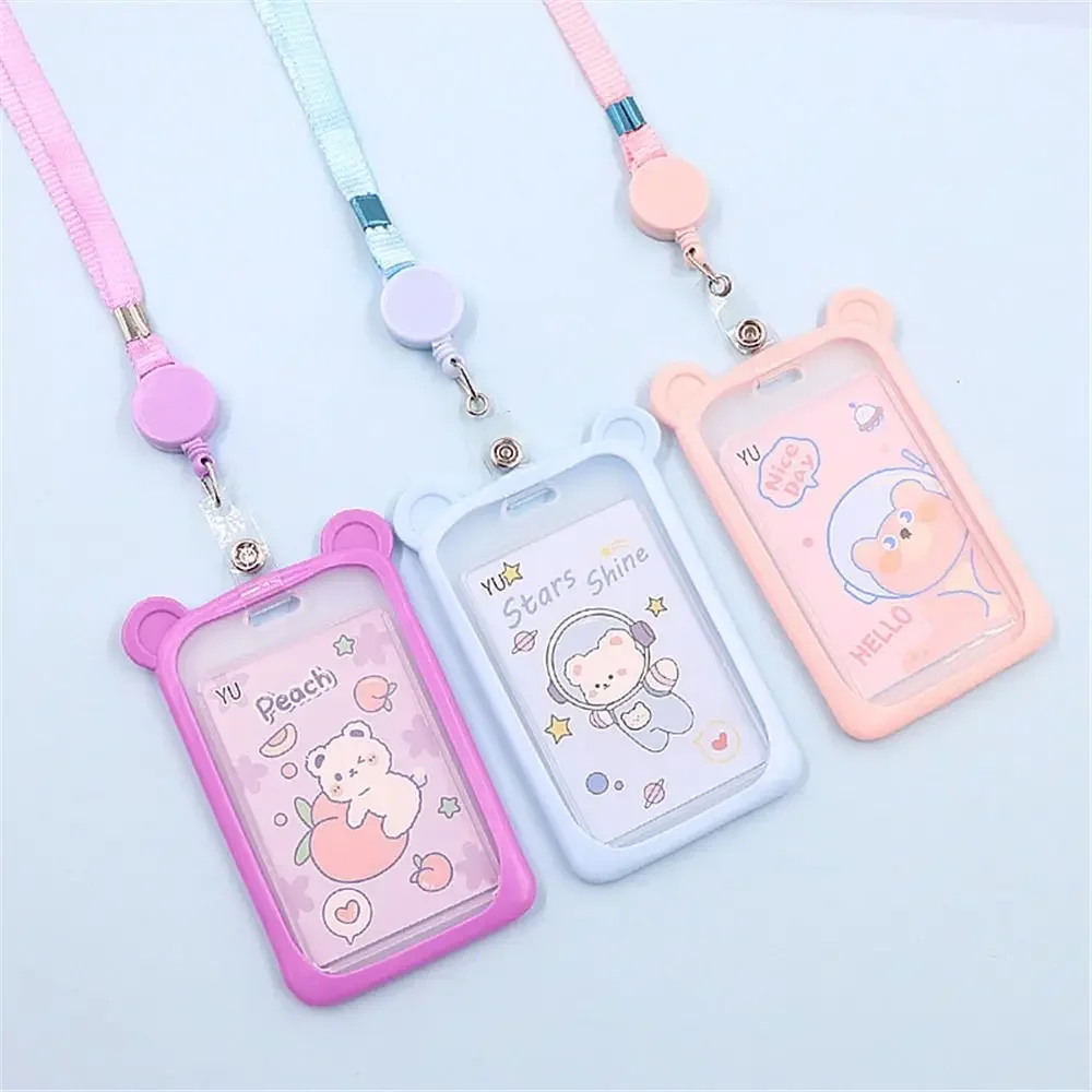 Cartoon Bear Card Holder Bank Identity Bus ID Card Sleeve Case with Retractable Reel Lanyard Plastic Silicone Credit Cover