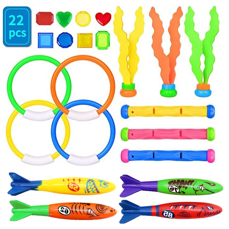 

22pcs Children Diving Toys Exercise Gemstone Seaweed Fish Ring Diving Rod Torpedo Summer Game Swiming Pool Toys Gifts