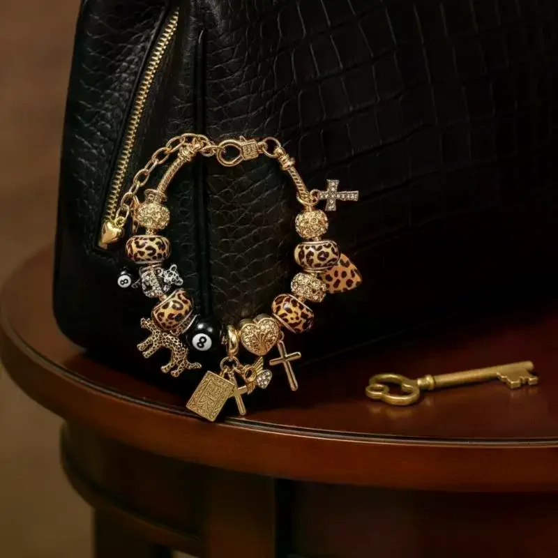 Vintage Leopard Print Billiard Black: 8 Cross Pendant Bracelet Edgy Charm Chain Men Women Light Luxury Trendy