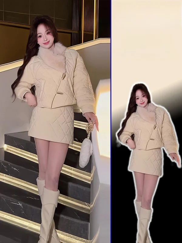 

plus Size Women's Cotton Jaet And High Waist ort Skirt Two Piece Set Warmth Sli Slimming Diamond Pattern Spring Autumn