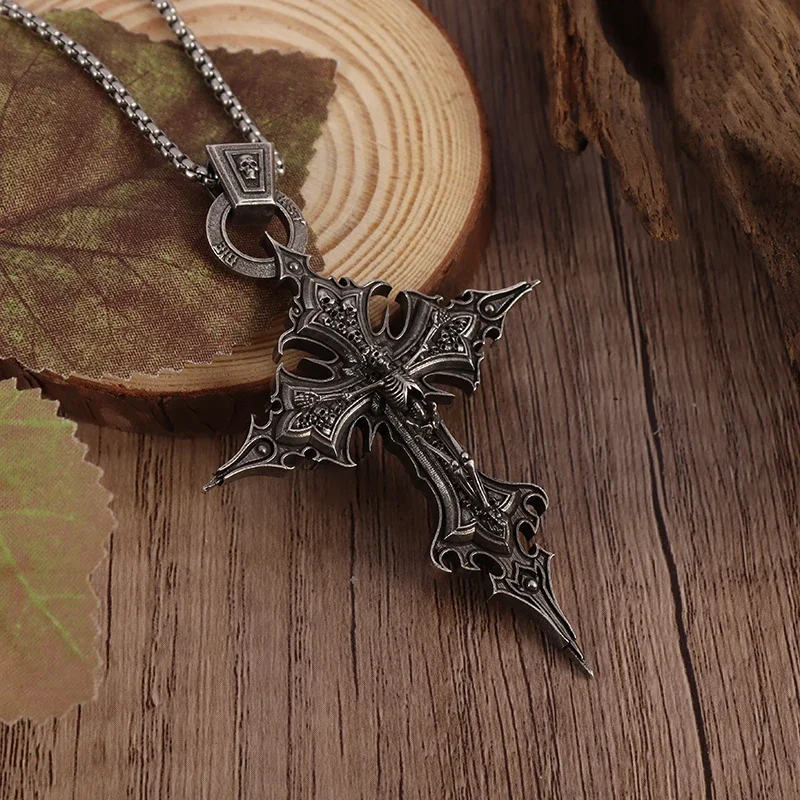 Vintage Gothic Cross Skull Pendant Necklace for Men Fashion Party Trend Punk Jewelry Halloween Gifts image 4