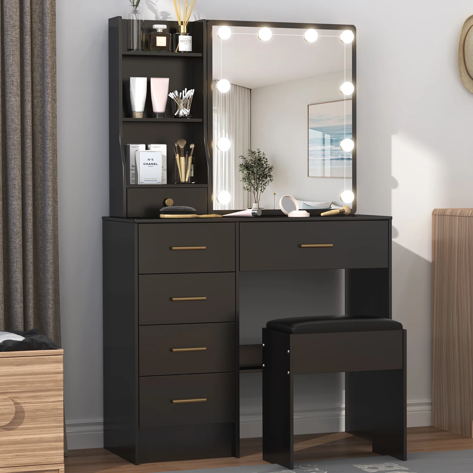 Office Furniture Credenza - Teousev Black Vanity Desk Set with