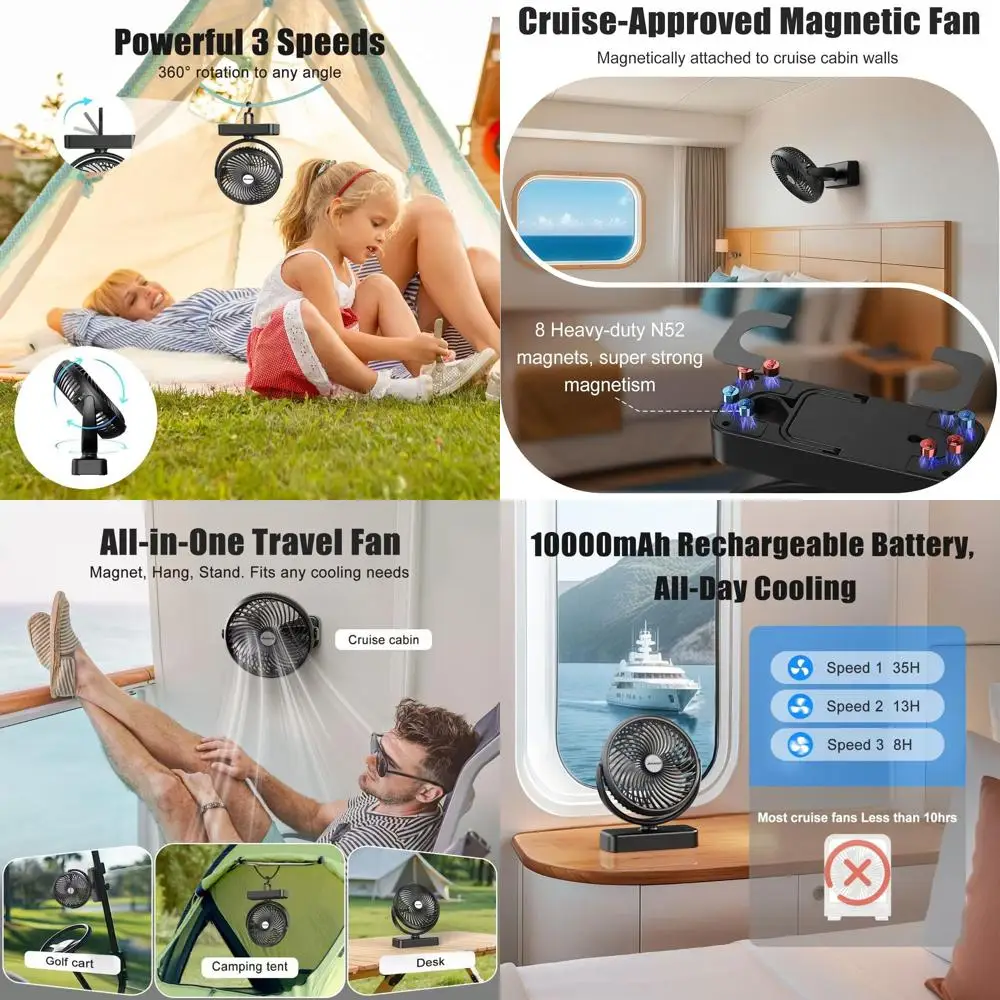 

Портативный магнитный вентилятор 10000 мАч для сна, круизов, гольфа, ультратонкий, с нижним креплением, перезаряжаемый, одобрен для судовых кают, идеален